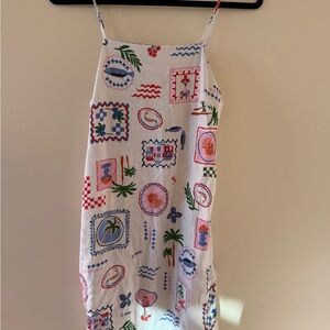 White Floral Print Slip Dress with Blue and Pink Accents